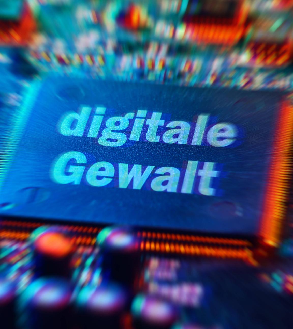 FOTOMONTAGE: Mikrochip mit Aufschrift digitale Gewalt 