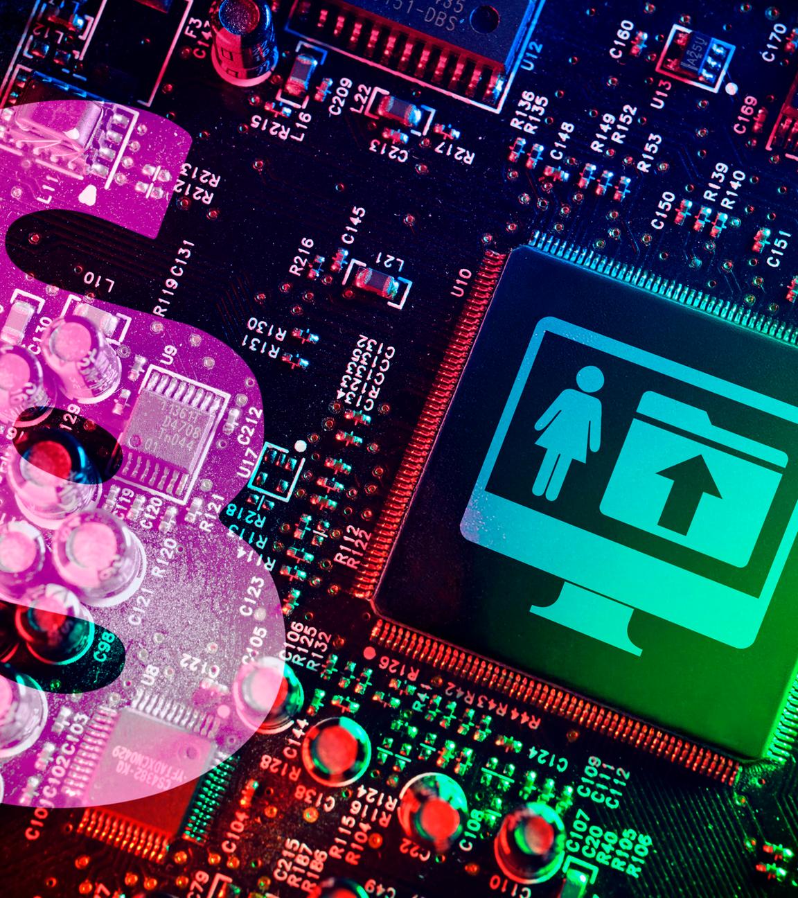 Symbolbild: Mikrochip mit Symbolen von Monitor, Frau und Uploadordner neben Paragrafenzeichen