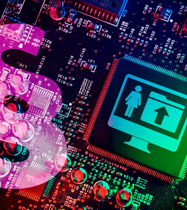 Symbolbild: Mikrochip mit Symbolen von Monitor, Frau und Uploadordner neben Paragrafenzeichen