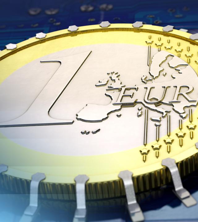 Eine Eineuromünze als halb real und halb digital dargestellt