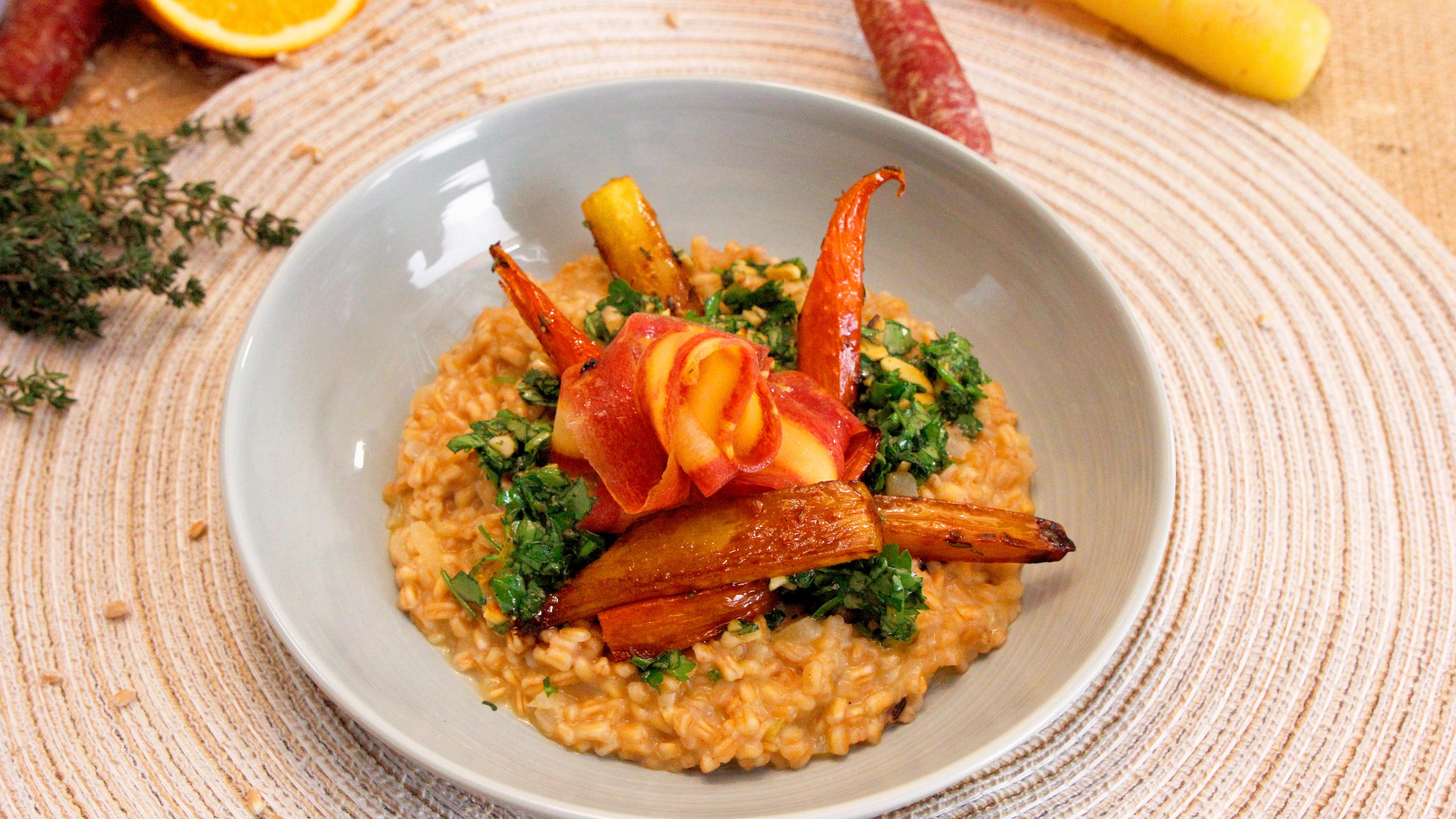 Dinkel nach Risotto-Art mit gerösteten Karotten 