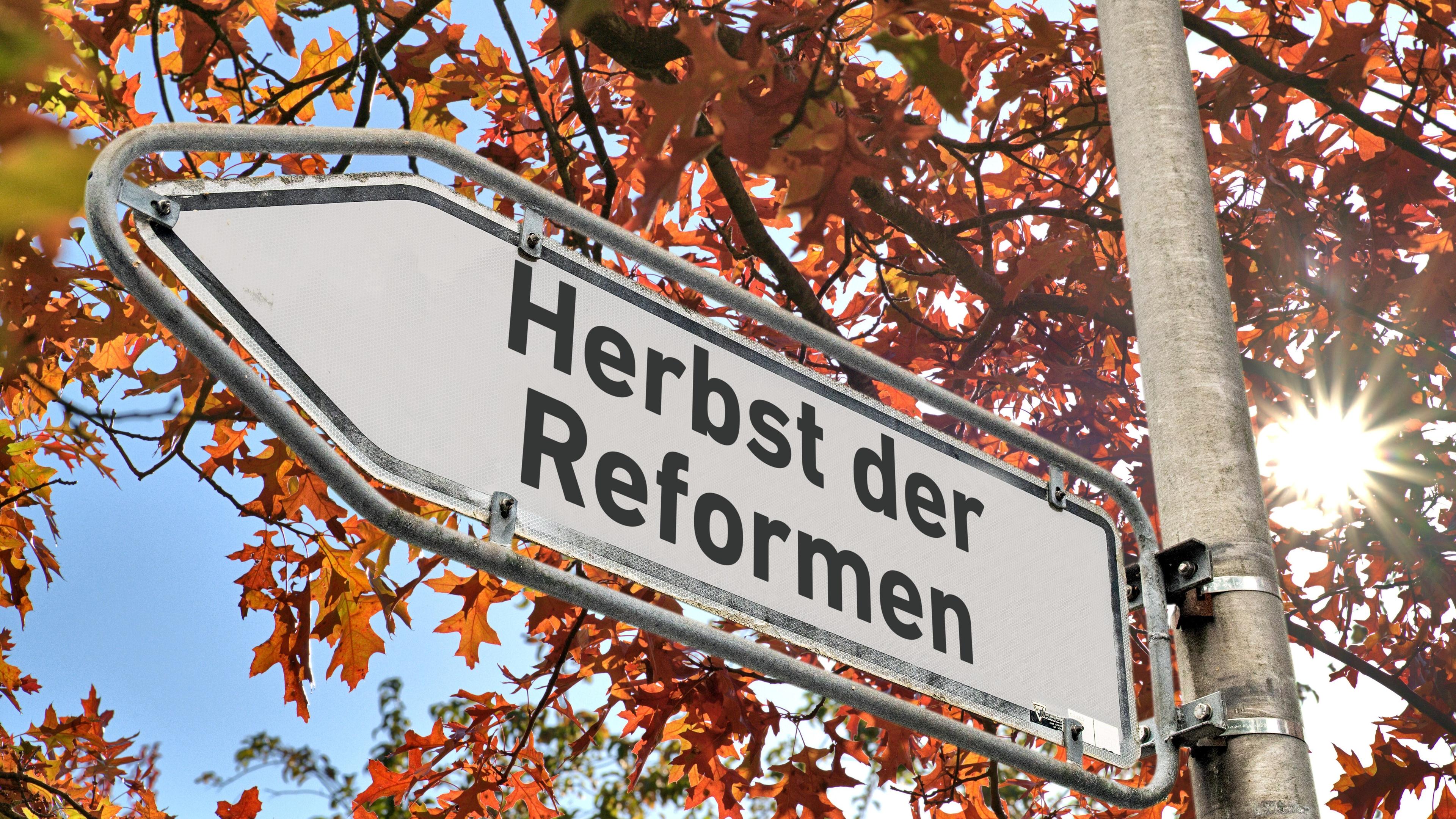 Ein weißes Hinweisschild mit abgeblaetterter Farbe am Rand und der Aufschrift "Herbst der Reformen" an einem Laternenmast als Wegweiser nach links vor einem Baum mit herbstlich verfärbten Blättern.