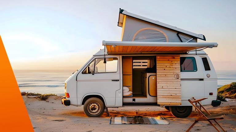 Wohnmobil: Viele bauen ihre Vans und Busse selber aus: Camper steht am Strand