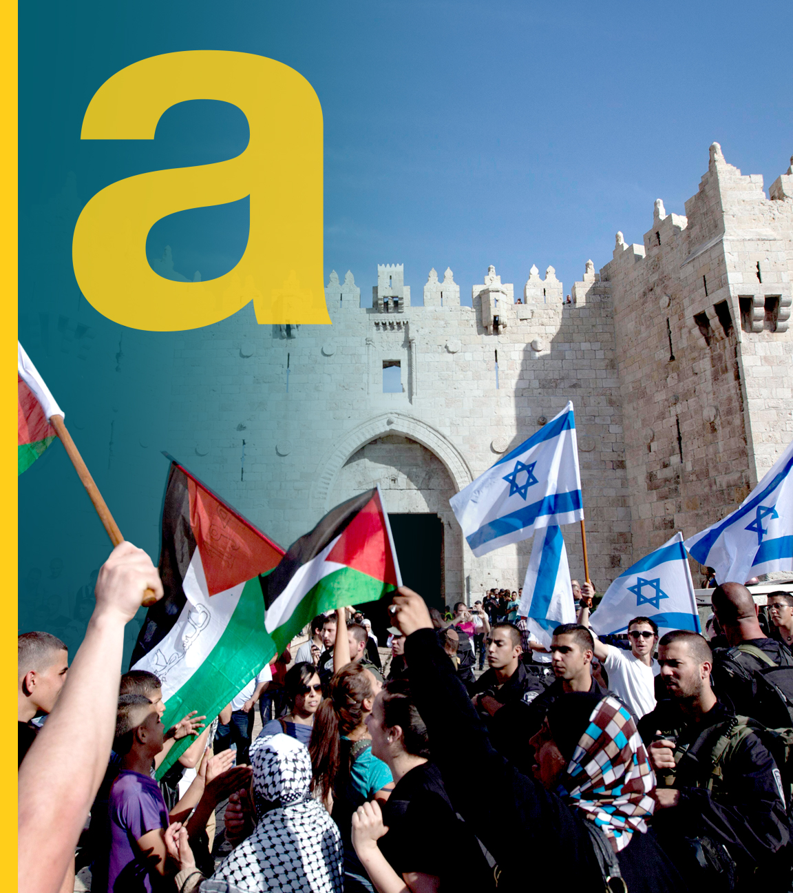 Eine Demonstartion mit israelischen und palästinensischen Flaggen