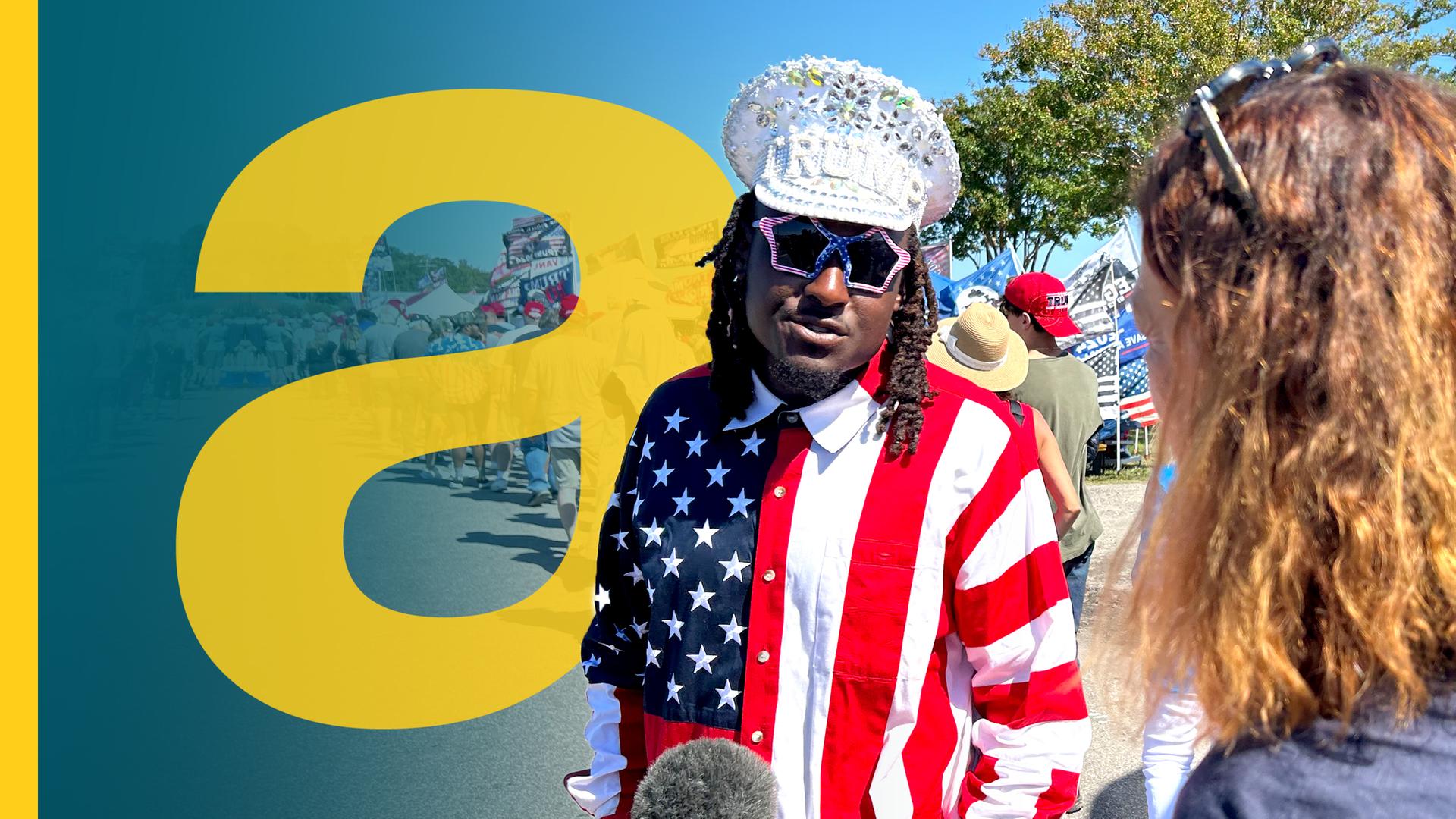 Wähler in Verkleidung USA-Motiv und Antje Pieper rechts im Bild mit Rücken in Kamera