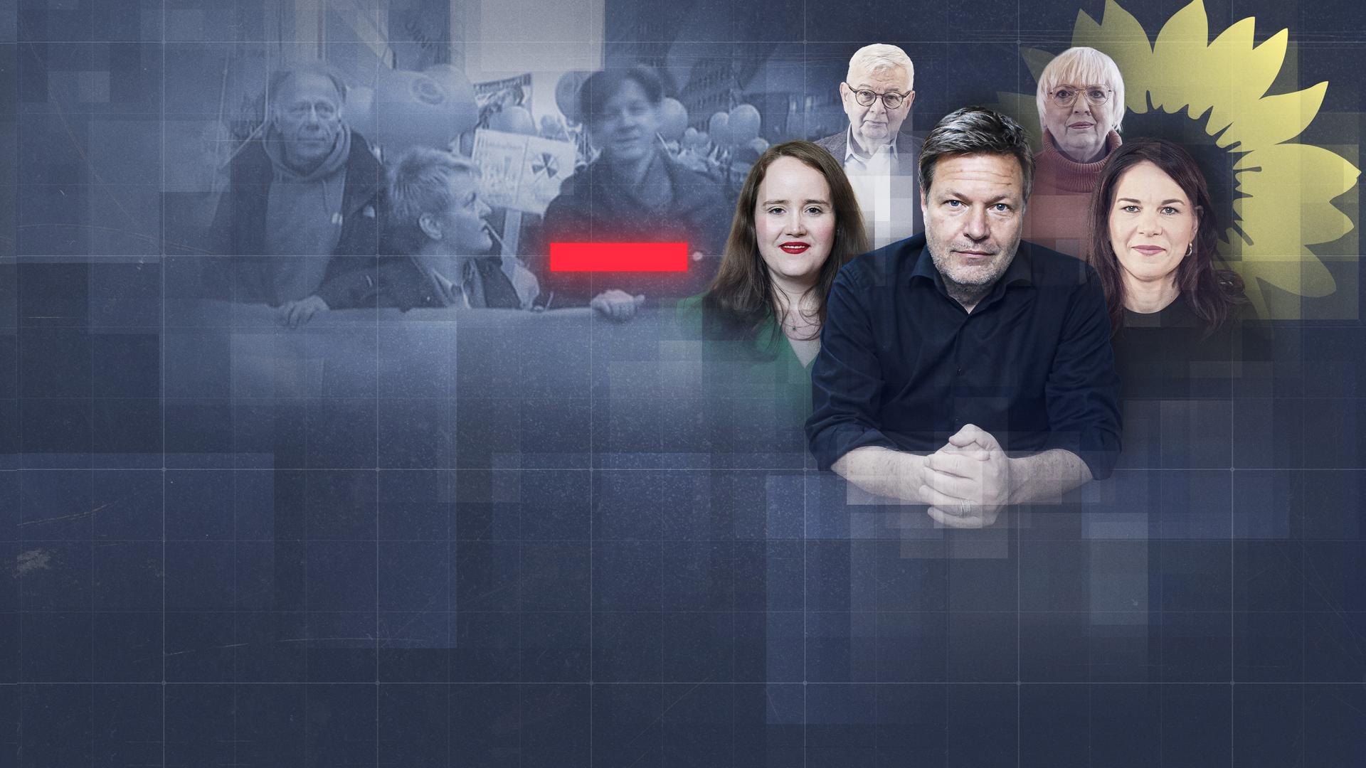 Bildmontage: Anti-Atomkraft-Demo der Grünen mit Jürgen Trittin und Renate Künast, davor Ricarda Lang, Joschka Fische, Robert Habeck, Claudia Roth, Annalena Baerbock (v.l.n.r.) blicken in die Kamera