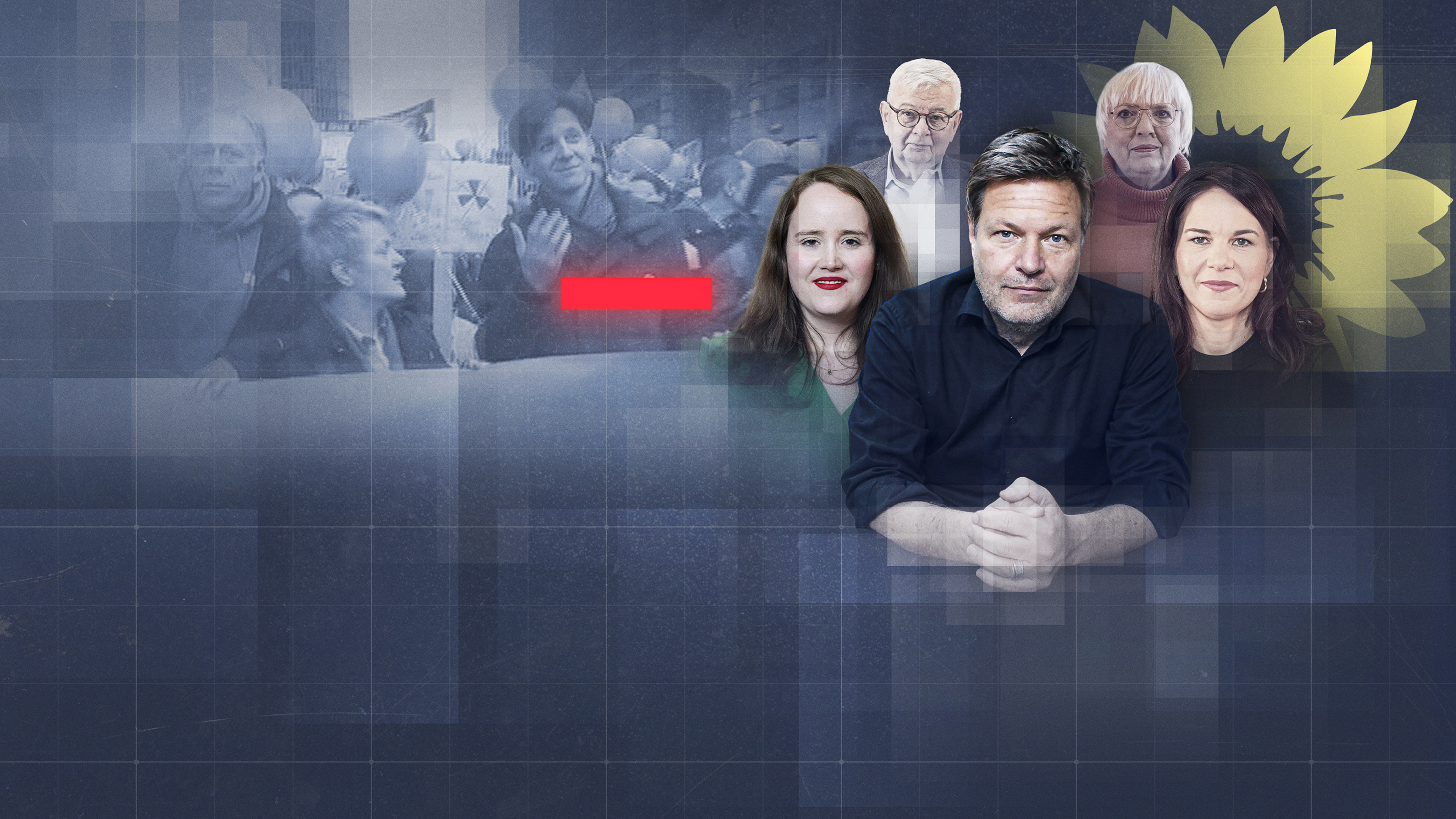 Bildmontage: Anti-Atomkraft-Demo der Grünen mit Jürgen Trittin und Renate Künast, davor Ricarda Lang, Joschka Fische, Robert Habeck, Claudia Roth, Annalena Baerbock (v.l.n.r.) blicken in die Kamera
