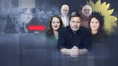 Bildmontage: Anti-Atomkraft-Demo der Grünen mit Jürgen Trittin und Renate Künast, davor Ricarda Lang, Joschka Fische, Robert Habeck, Claudia Roth, Annalena Baerbock (v.l.n.r.) blicken in die Kamera