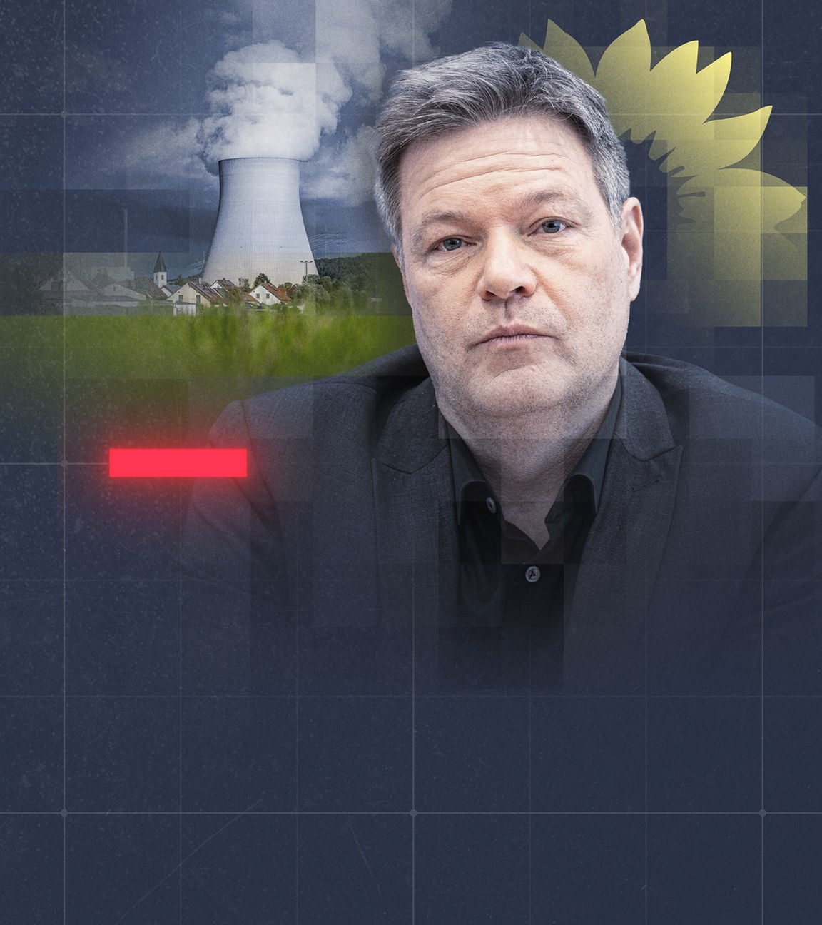 Wasserdampf steigt aus dem Kühlturm des Atomkraftwerks (AKW) Isar 2, davor Robert Habeck blickt ernst in die Kamera