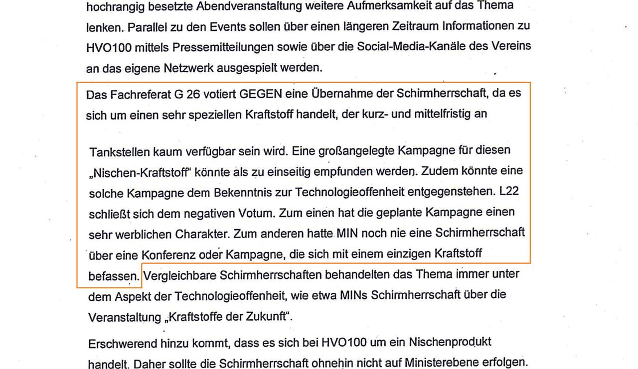 Internes Dokument aus dem Verkehrsministerium: Fachreferate äußern Vorbehalte gegen eine Schirmherrschaft.
