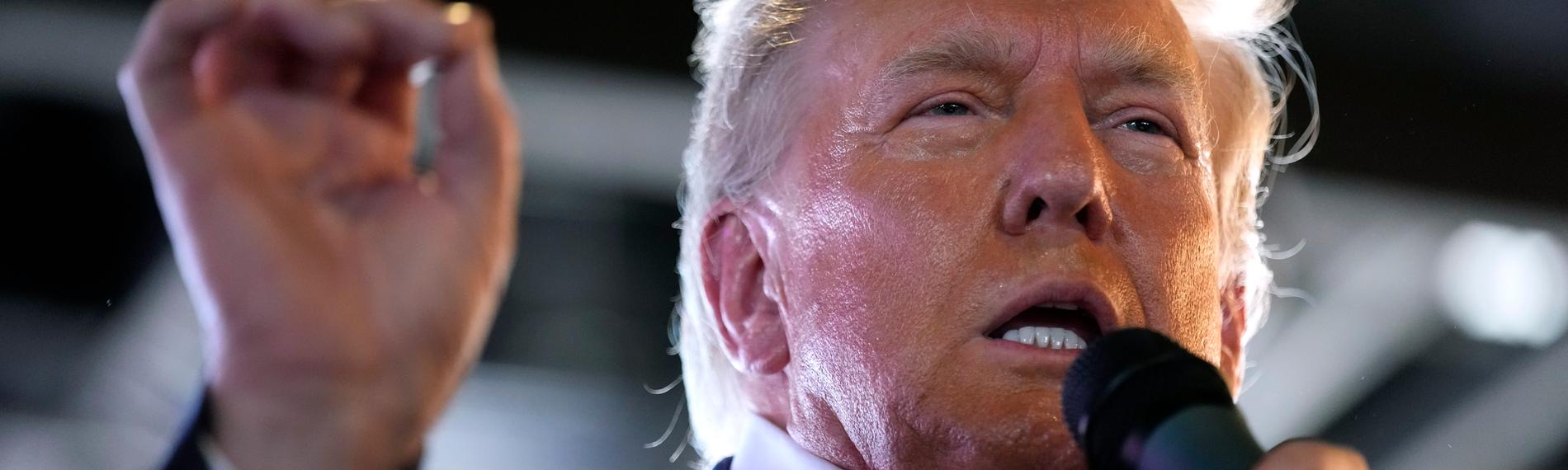 Donald Trump spricht auf einer Wahlkampfveranstaltung in ein Mikrofon