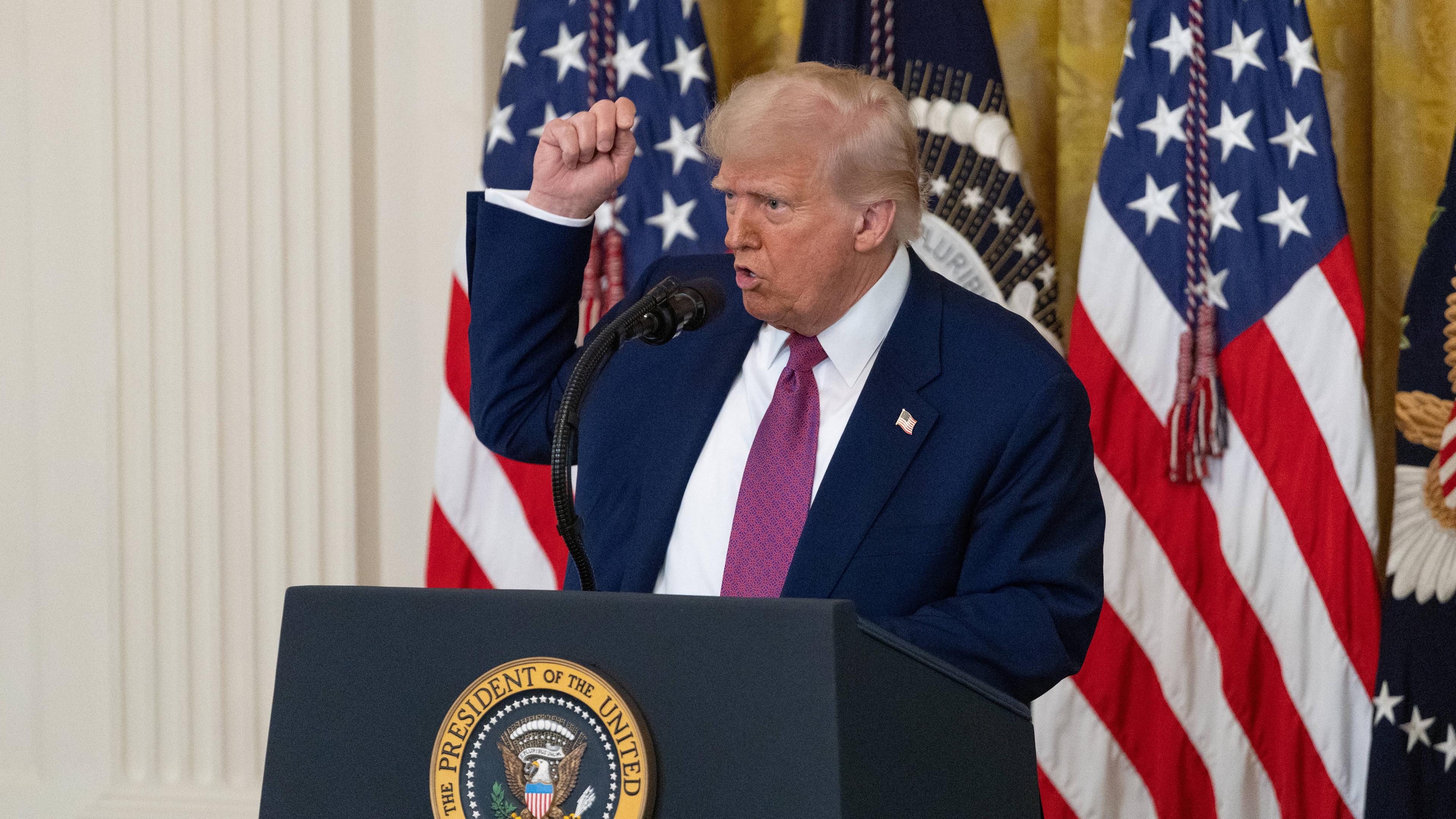 US-Präsident Donald Trump vor US-Flaggen mit erhobenem Arm.