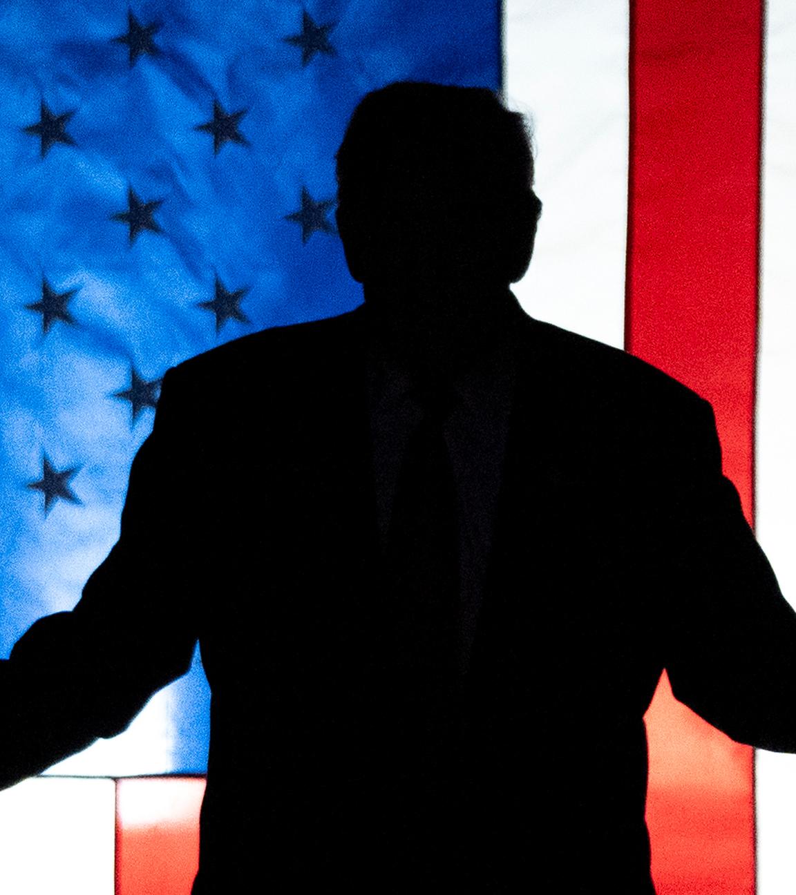 Archiv: Schatten von Donald Trump vor US-Flagge