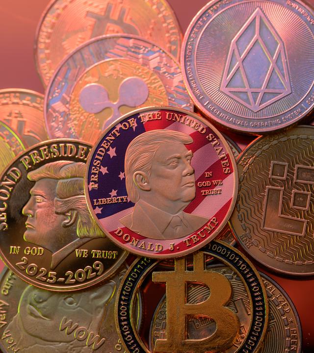 Darstellung einer $Trump Meme-Münze zusammen mit Bitcoin und Kryptomünzen.