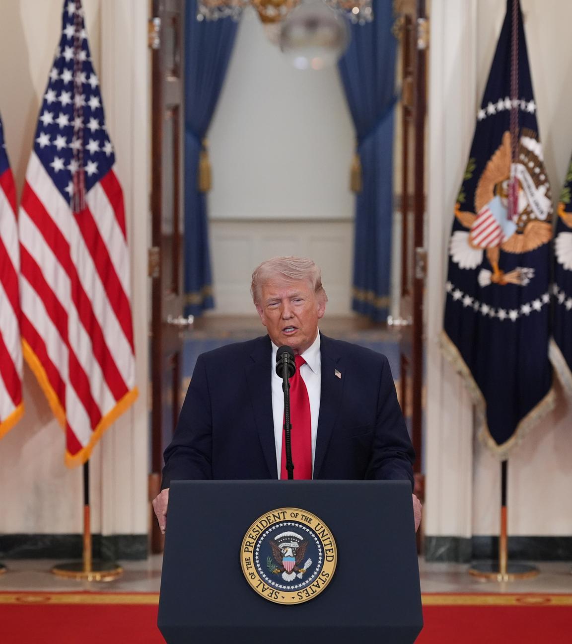 Washington: Donald Trump bei seiner Rede an die Nation am ersten April im weißen Haus.