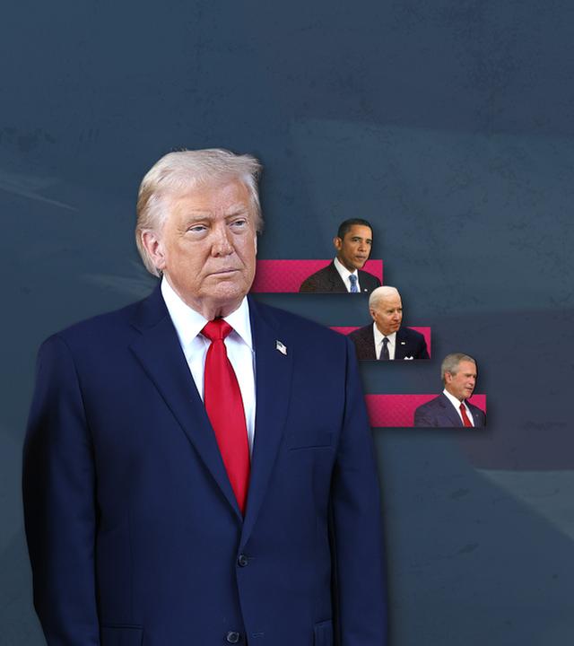Das Bild zeigt US-Präsident Donald Trump im Vordergrund - dahinter sind Portraitbilder seiner Vorgänger abgebildet.