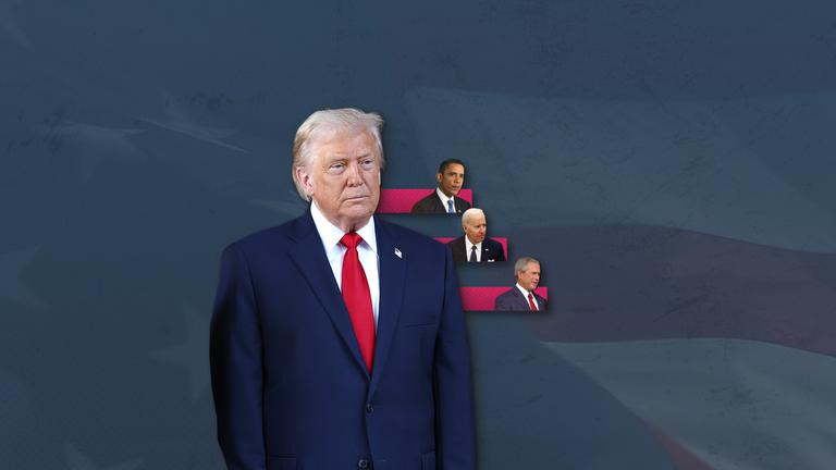 Das Bild zeigt US-Präsident Donald Trump im Vordergrund - dahinter sind Portraitbilder seiner Vorgänger abgebildet.
