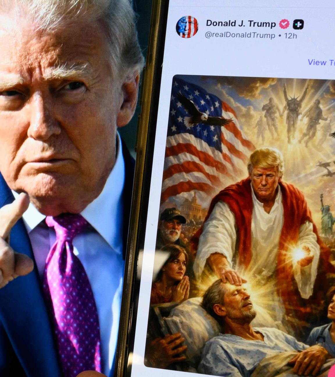 Diese am 13. April 2026 erstellte Fotoillustration zeigt ein Bild von US-Präsident Donald Trump auf einem Bildschirm sowie ein KI-generiertes Bild.