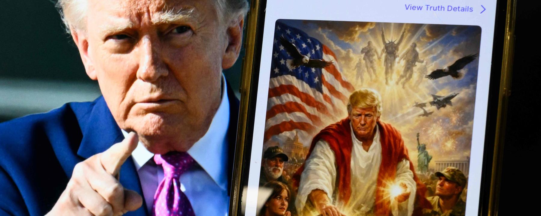 Diese am 13. April 2026 erstellte Fotoillustration zeigt ein Bild von US-Präsident Donald Trump auf einem Bildschirm sowie ein KI-generiertes Bild.