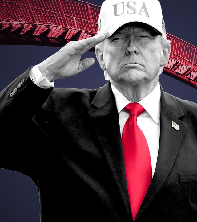 Donald Trump ist auf einer Foto-Collage vor einer Achterbahn zu sehen.