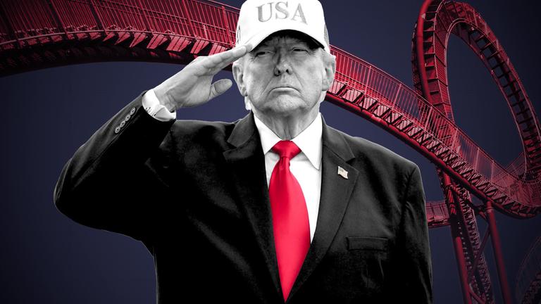 Donald Trump ist auf einer Foto-Collage vor einer Achterbahn zu sehen.