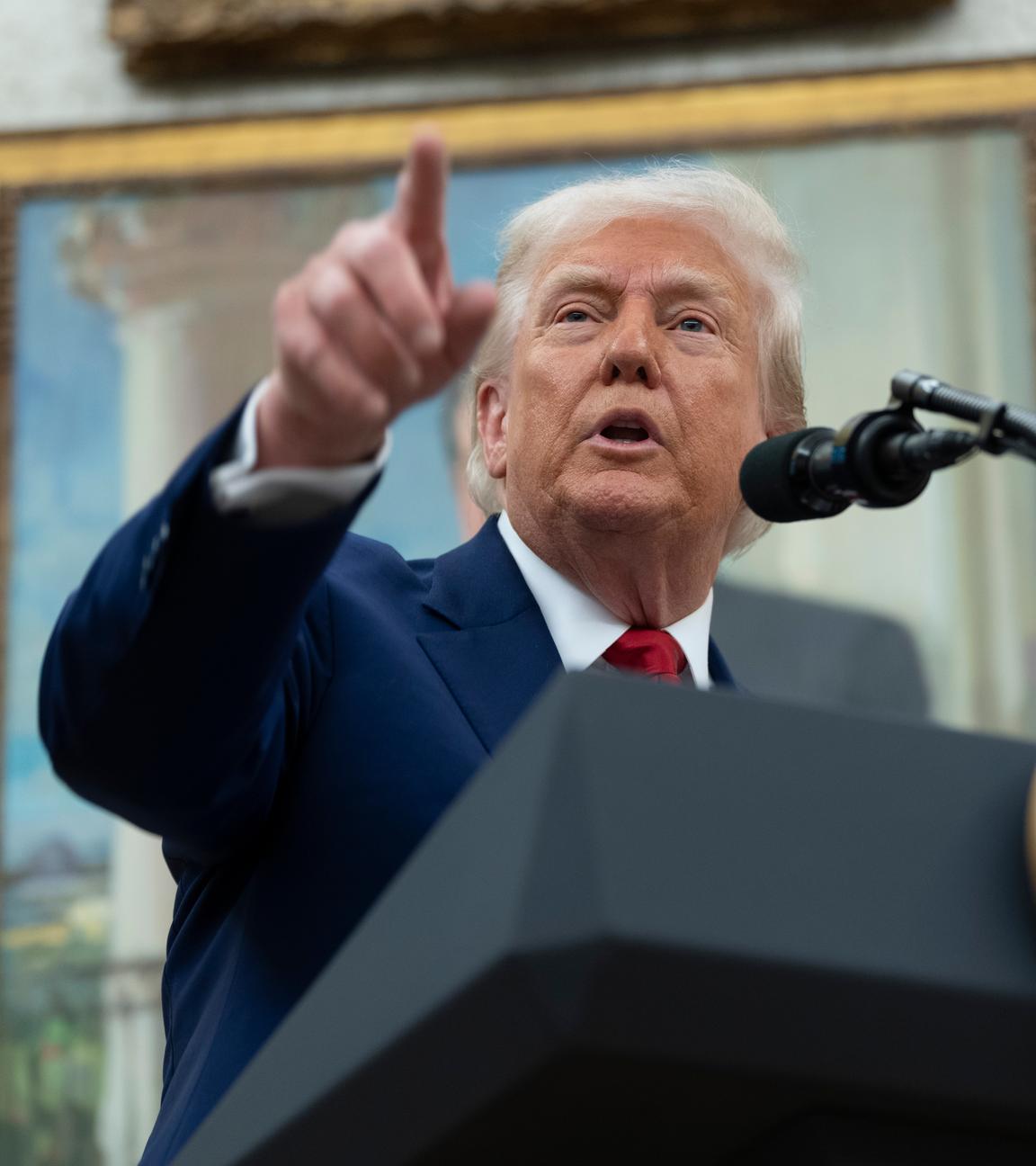 Donald Trump spricht im Weißen Haus.