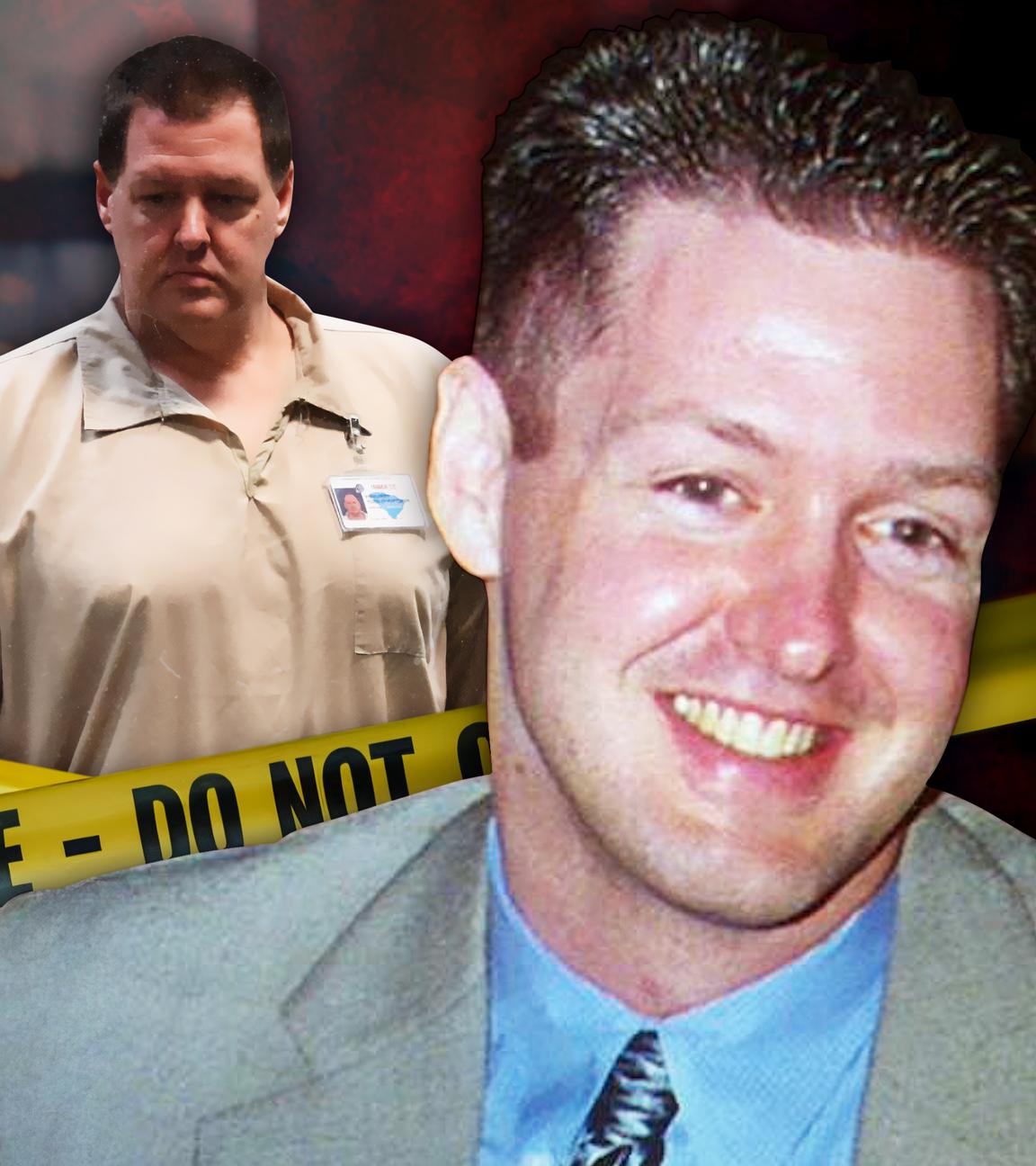 Vorne rechts das Bild des jungen Todd Kohlhepp, zentral dahinter (hinter Absperrband) ein späteres Bild von ihm in Gefängnisuniform.