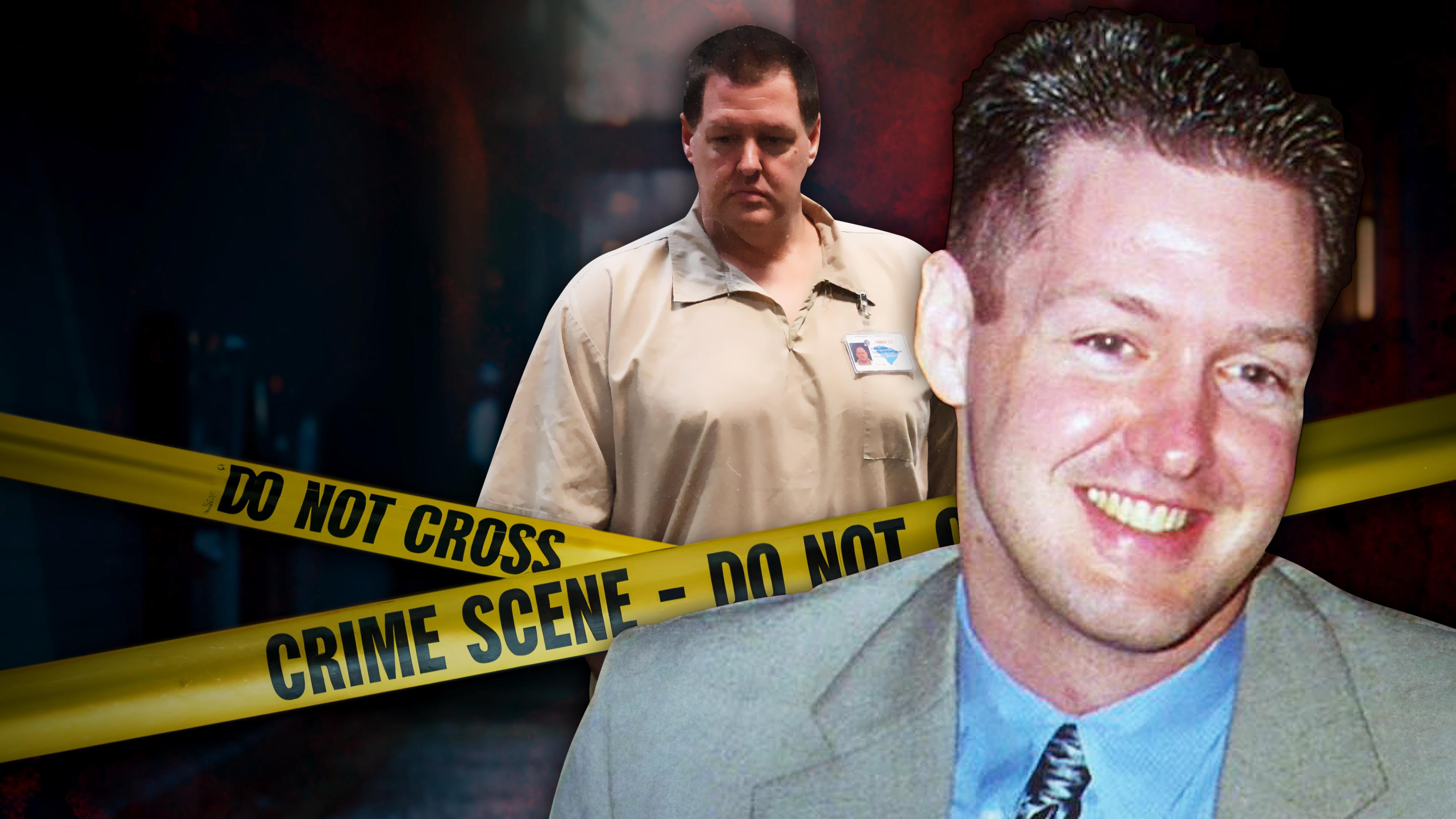 Vorne rechts das Bild des jungen Todd Kohlhepp, zentral dahinter (hinter Absperrband) ein späteres Bild von ihm in Gefängnisuniform