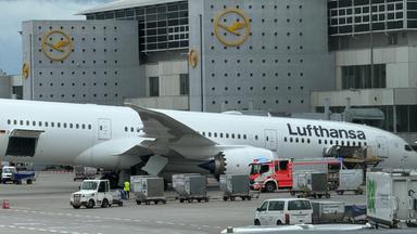 Eine Lufthansa-Maschine "Dreamliner" liegt auf dem Bug vor einem Terminal am Frankfurter Flughafen, nachdem das Bugfahrwerk am 04.06.2026 eingeknickt war.