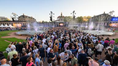 Zuschauer verfolgen das Konzert des Dresdner DJ Purple Disco Machine im Dresdner Zwinger im Innenhof.