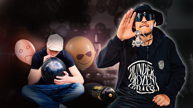 Montage: Links ein junger Mann saugt an einem Luftballon, rechts Rapper Mufasa069