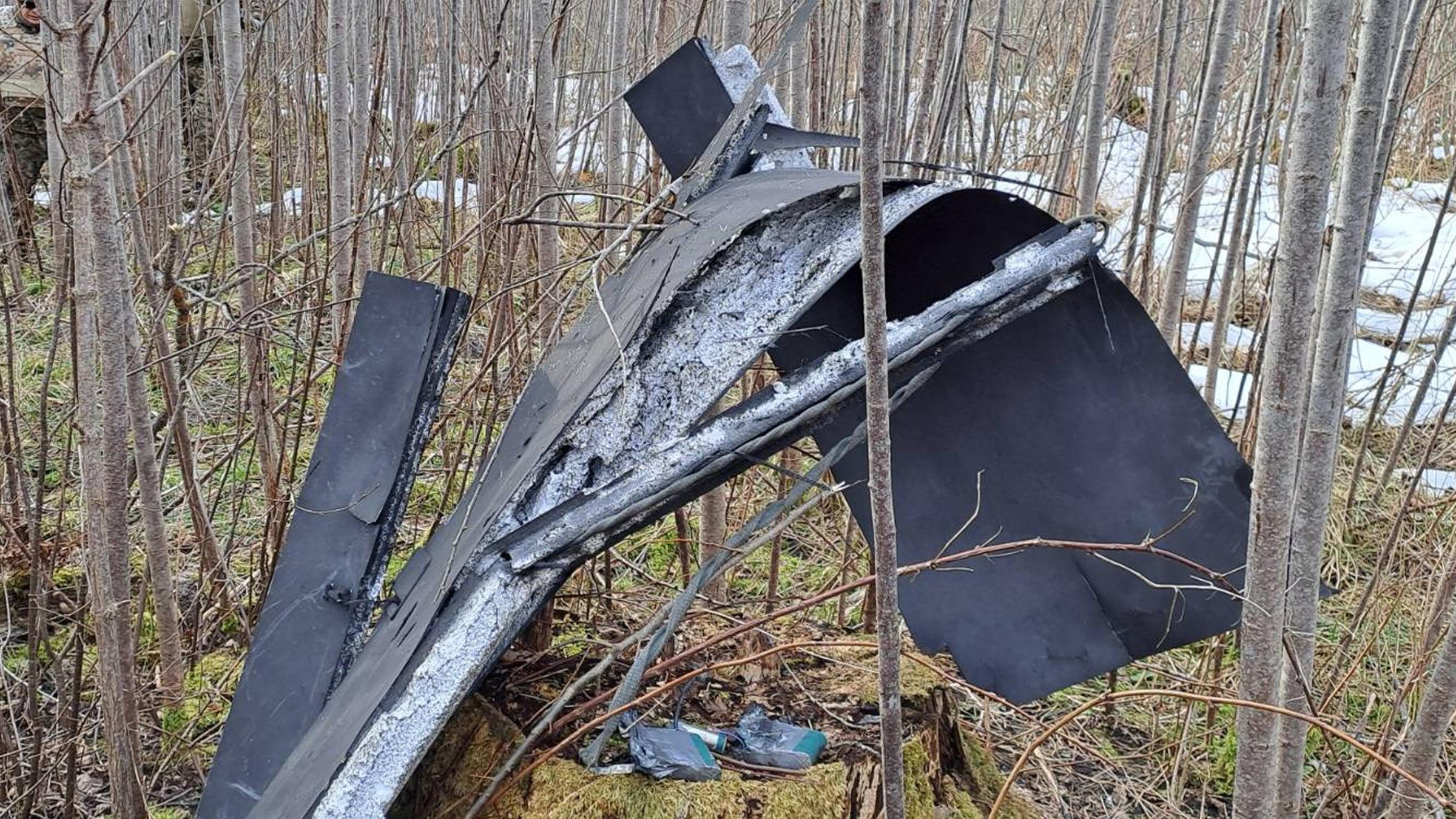 Lettland, Kraslava: Trümmerteile hängen an der Absturzstelle einer Drohne in der Vegetation in der Nähe von Kraslava.