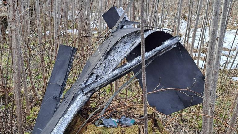 Lettland, Kraslava: Trümmerteile hängen an der Absturzstelle einer Drohne in der Vegetation in der Nähe von Kraslava.