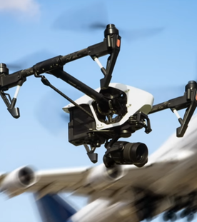 Drohne und Flugzeug im Hintergrund