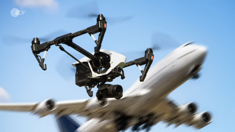 Drohne und Flugzeug im Hintergrund