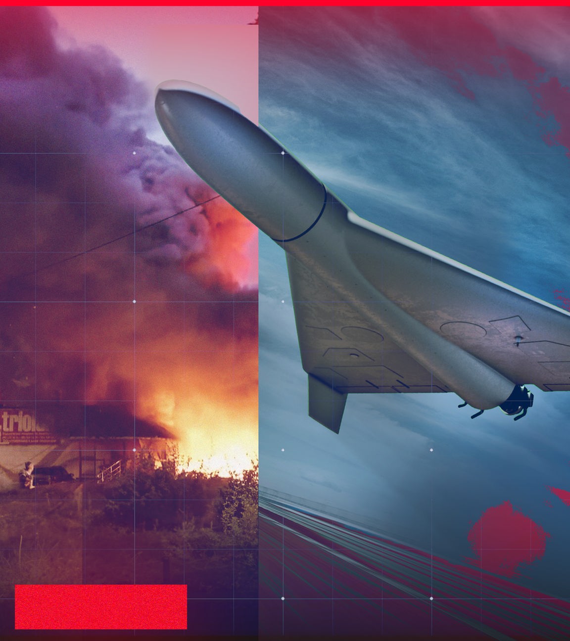 Bildmontage: Unbemannte Drohne (rechts); zerstörte Stadt in der Ukraine (links)
