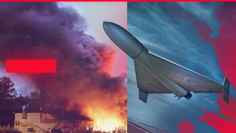 Bildmontage: Unbemannte Drohne (rechts); zerstörte Stadt in der Ukraine (links)