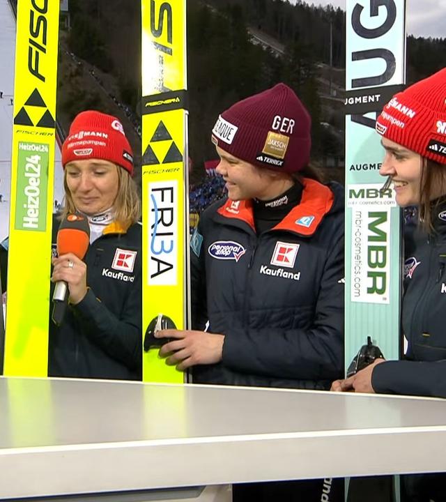 DSV-Skispringerinnen Schmid, Reisch und Freitag im ZDF-Interview nach dem Skifliegen in Planica.
