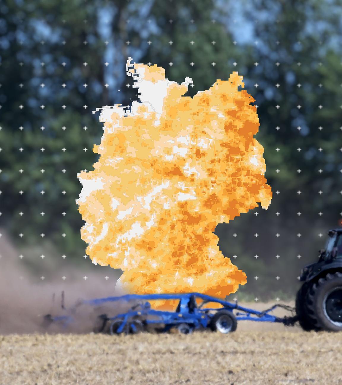Trockenes Feld in Deutschland, davor eine Deutschlandkarte