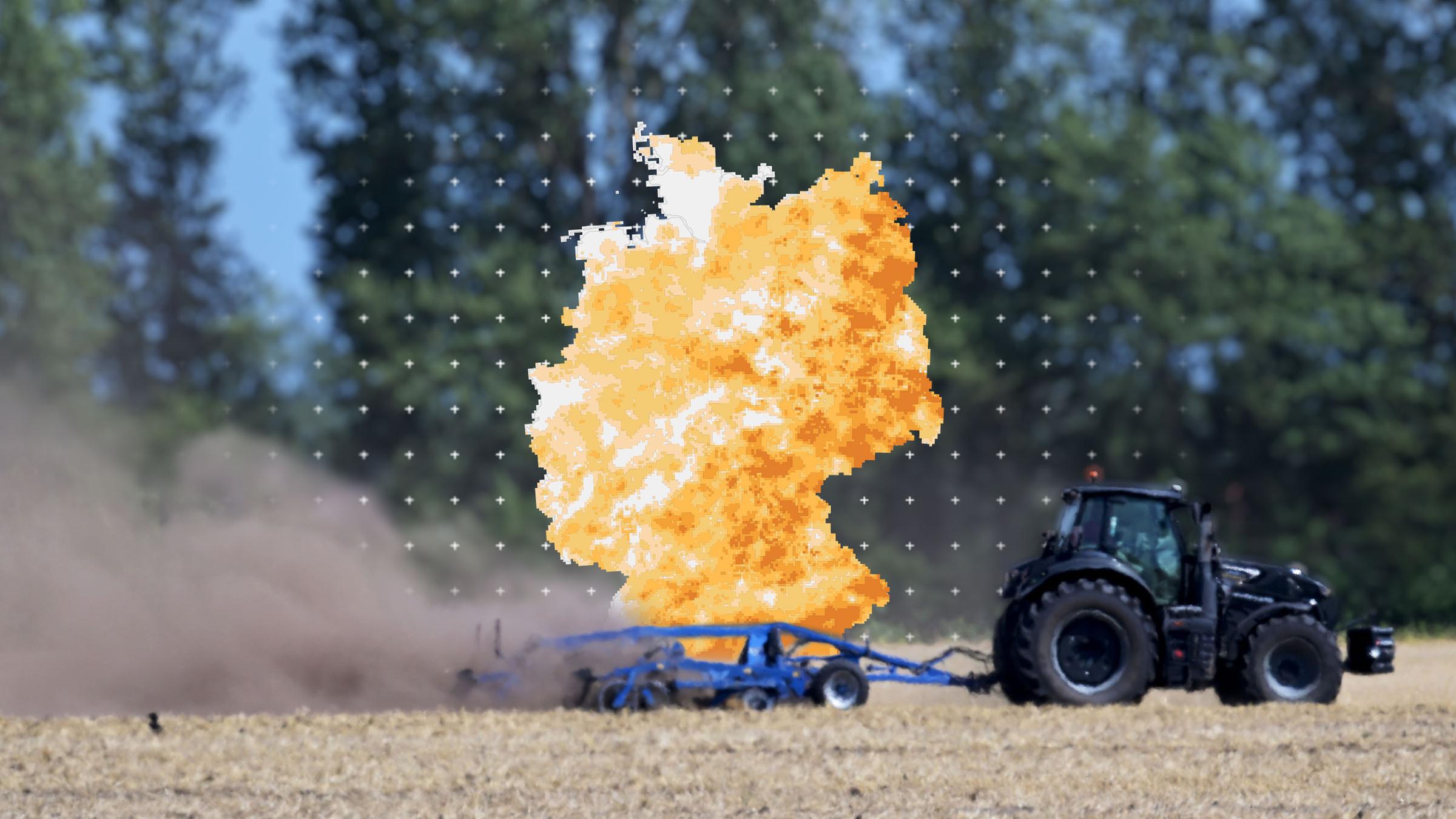 Trockenes Feld in Deutschland, davor eine Deutschlandkarte