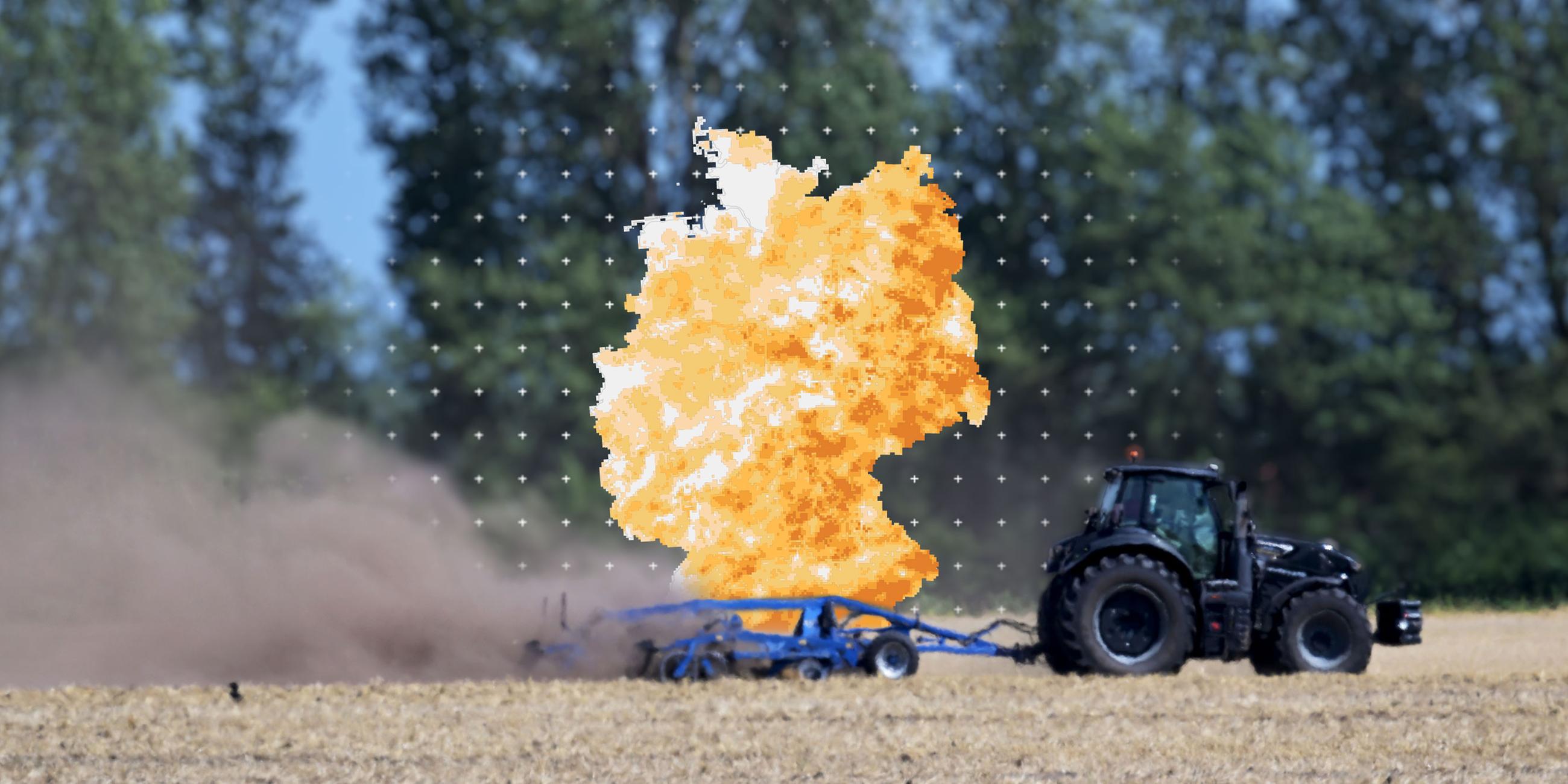 Trockenes Feld in Deutschland, davor eine Deutschlandkarte