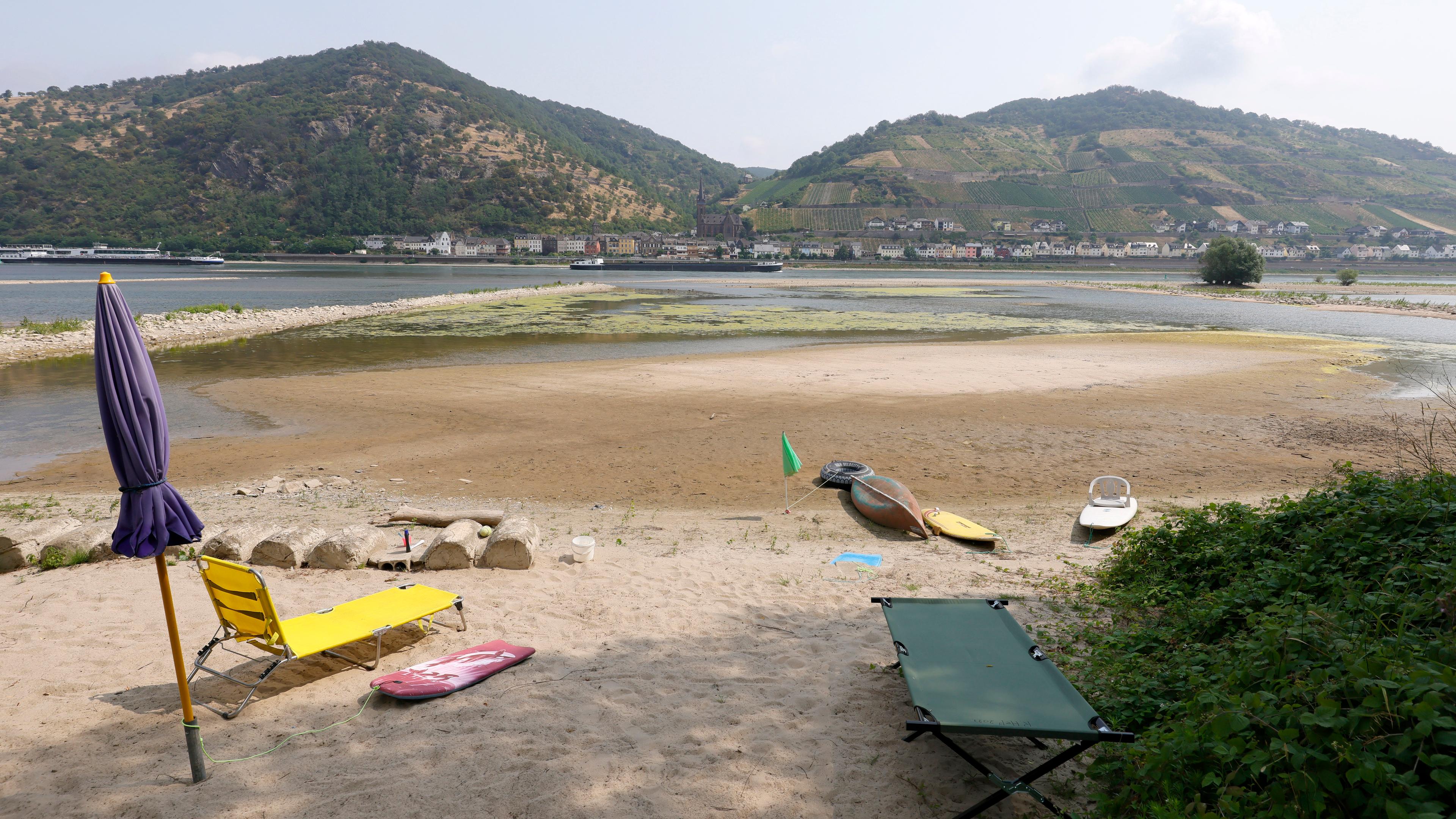 A dry part on the Rhine river during a low water level in Bacharach, Germany, 10 July 2023.