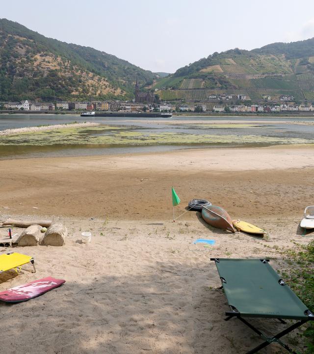 A dry part on the Rhine river during a low water level in Bacharach, Germany, 10 July 2023.