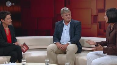 Screenshot aus Video: Katrin Göring-Eckhardt (B'90/die Grünen), Jörg Meuthen (AfD) sprechen während der Sendung „dunja hayali“, ZDF, aufgenommen am 06.08.2018