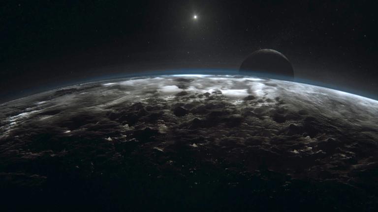 Computeranimiertes Bild der Oberfläche des Pluto mit dünner Atmosphäre, im Hintergrund befindet sich ein dunkler runder Körper sowie ein kleiner heller Punkt.