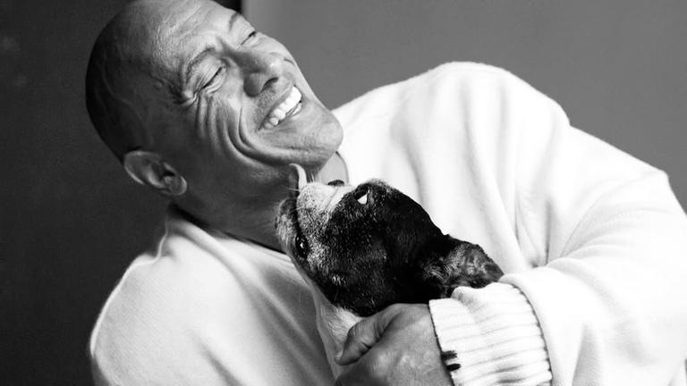 Dwayne Johnson und seine kürzlich verstorbene Bulldogge Hobbs bei einem gemeinsamen Photoshoot.