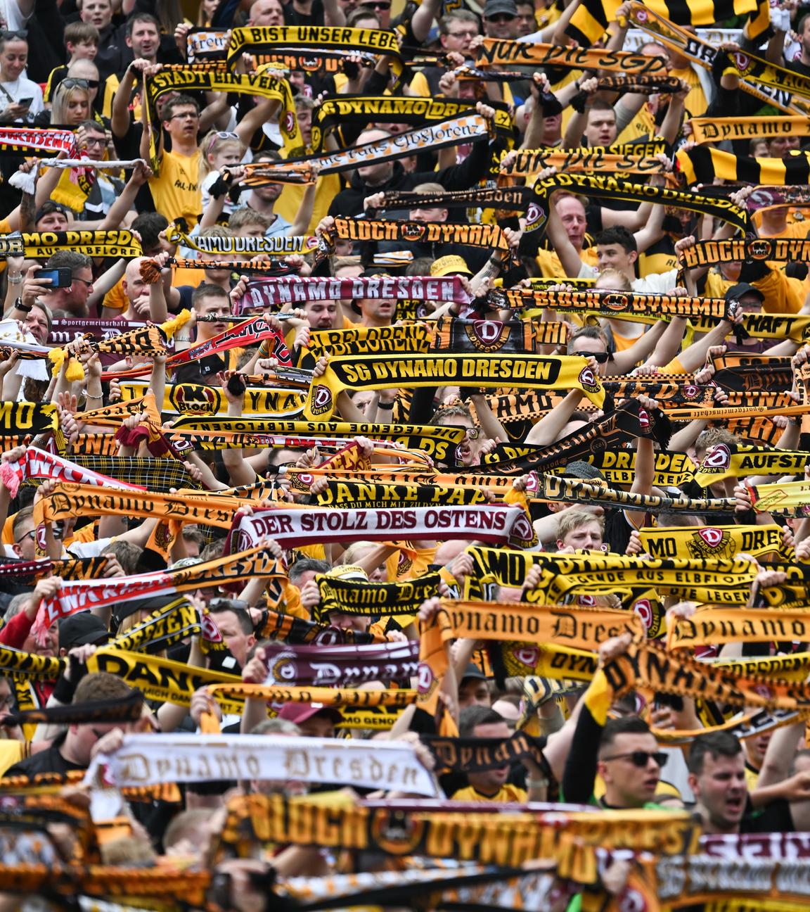 Dynamo Dresden Fans halten schwarz-gelbe Fan-Schals in die Höhe.