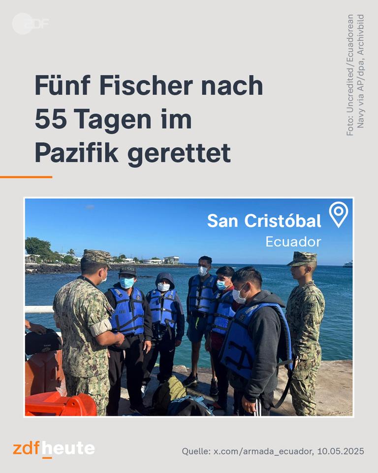 Fünf Fischer wurden in Ecuador nach 55 Tagen im Pazifik gerettet.