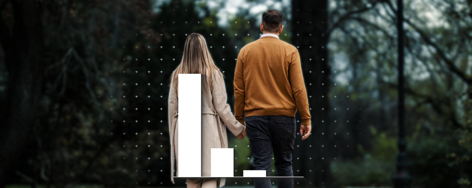 Eine Frau und ein Mann laufen Hand in Hand, auf dem Foto ist ein Balkendiagramm drübergelegt.