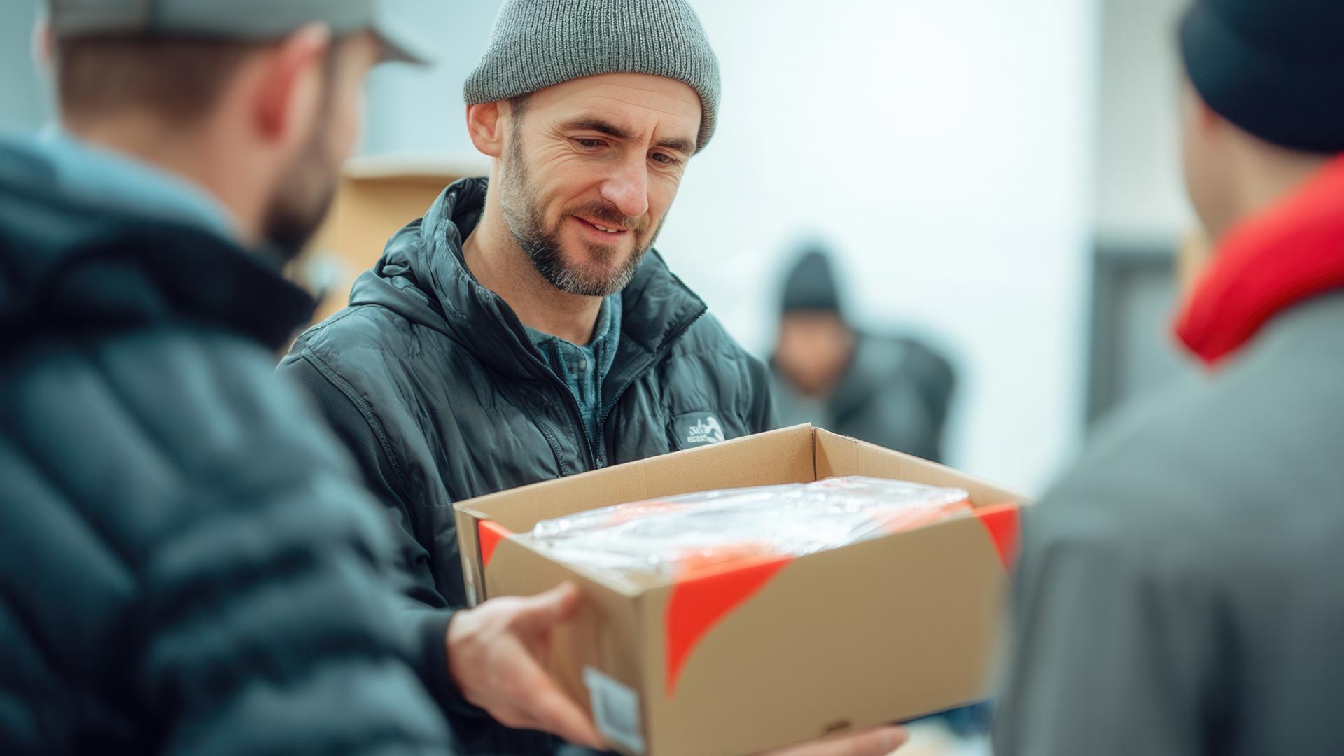 Ehrenamtlich Tätige mit einer Kleiderspende im Karton